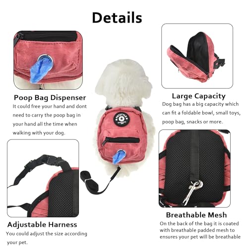 Dog Backpack Harness with Leash and Poop Bag Dispenser - Pink, Medium (10-15lb)