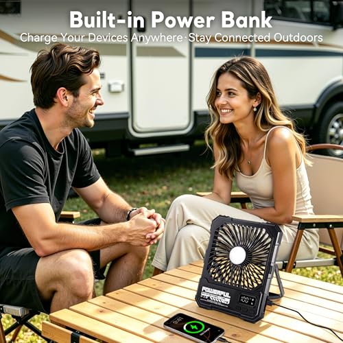 Portable Camping Fan with Power Bank Khaki - 20000mAh Foldable Rechargeable Fan with LED Light & Remote