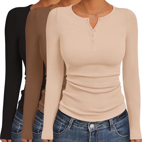Ekouaer Women's Henley Long Sleeve Thermal Shirts 3 Pack - Small Black Beige Brown