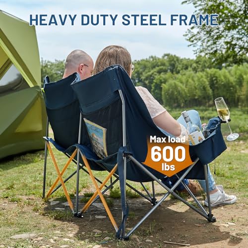 Loveseat Blue Camping Chair - Oversized Double Folding Camp Couch for Outdoor Relaxing