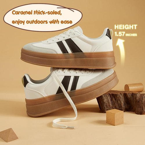 LEYING Women's Chunky Platform Sneakers - Retro Leather Casual Tennis Shoes | Thick Rubber Sole
