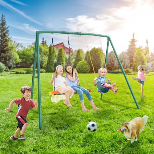 Trekassy 440lbs Heavy-Duty Backyard Swing Set with 2 Seats & Saucer Swing - Green