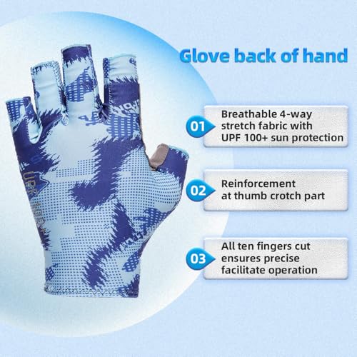 Blue UPF 100+ Sun UV Protection Fishing Gloves for Adults & Youth - Seibertron S.P.S.G-2