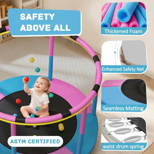 Kids 60-Inch Trampoline with Safety Net - Blue Pink, Indoor Outdoor Toddler Playset