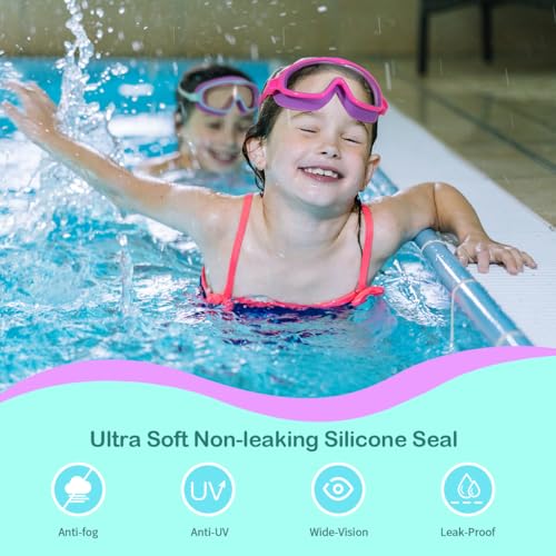 Kids Swim Goggles Anti-Fog UV Wide View 2-Pack Pink Purple & Green Purple