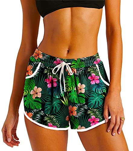 Women Board Shorts Hawaiian Tropical Print Beach Swim Shorts with Pockets - Medium Floral Palm