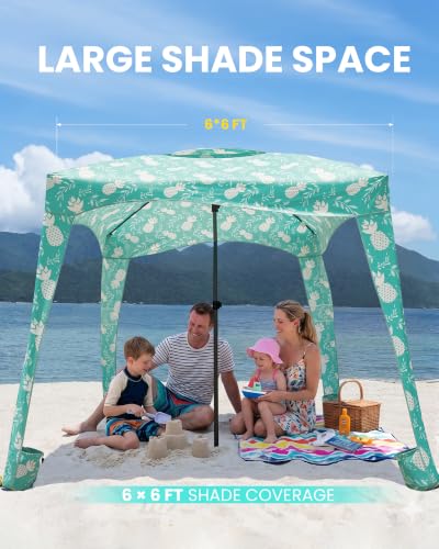 Beach Cabana Tent with Side Wall - UPF 50+ Sun Shelter 6x6 ft - Pineapple Jungle / Simple