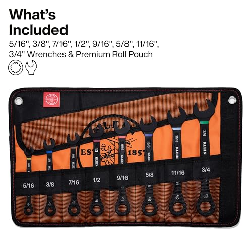 Klein Tools Ratcheting Wrench Set 8-Piece SAE 90-Tooth with Color-Coded Sizes