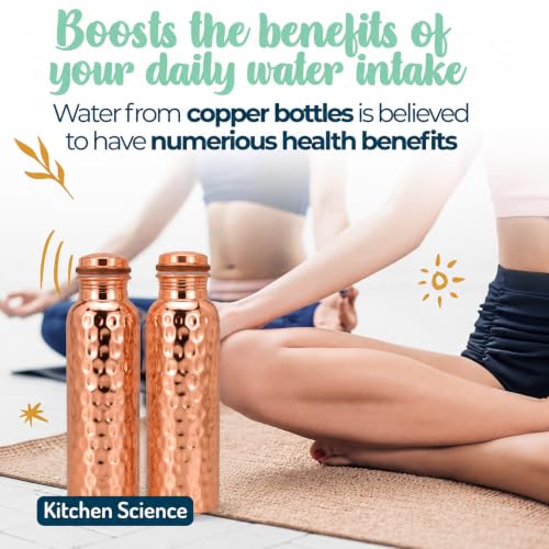 Set of 2 Hammered Copper Water Bottles 34oz with Canvas Carry Bag Leak-Proof