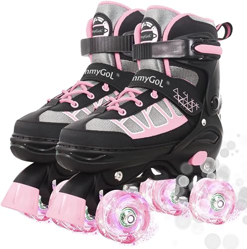 Kids Pink Adjustable Light-Up Roller Skates for Ages 6-12 - Large Youth