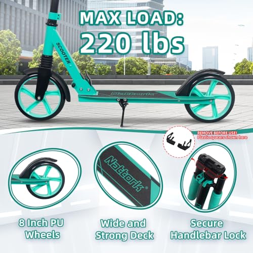 Teal Kick Scooter for Kids Adults 6+ Years, 220lb Capacity, Adjustable Handlebar