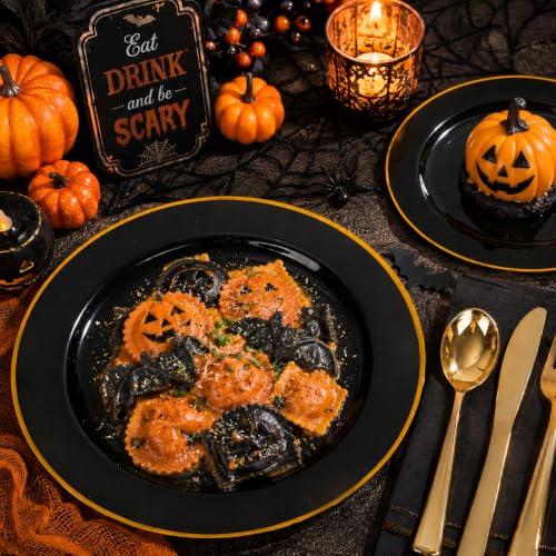 Black and Gold Disposable Dinnerware Set for 50 Guests - Plates Cups Napkins Utensils