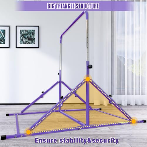 MARFULA Foldable Gymnastics Bar with Mat, 9-Height Levels, 200 lbs Capacity, 5 ft Indoor Outdoor Gym Equipment (Purple, with Mat)