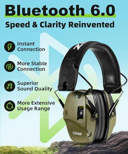 Green Bluetooth Shooting Ear Protection Earmuffs with Noise Cancellation & Sound Amplification