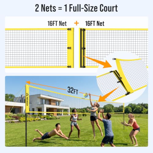 Yellow 4-Player Volleyball Game Set with 16FT & 32FT Court, Adjustable Height Backyard Badminton Combo