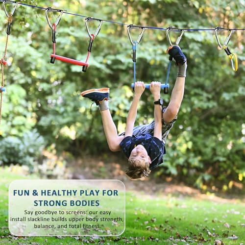 Blue Line Ninja Warrior Obstacle Course Kit for Kids - 8 Obstacles, 2x56ft Slackline Set with Quick-Install Buckles