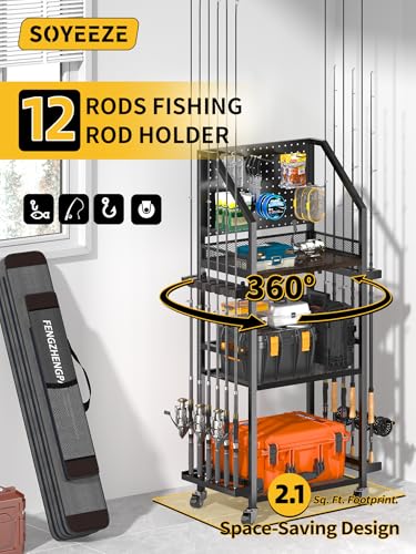 Fishing Rod Holders for Garage - Holds Up to 12 Rods with Pegboard Hooks - Black, 3-Sided with 6 Hooks