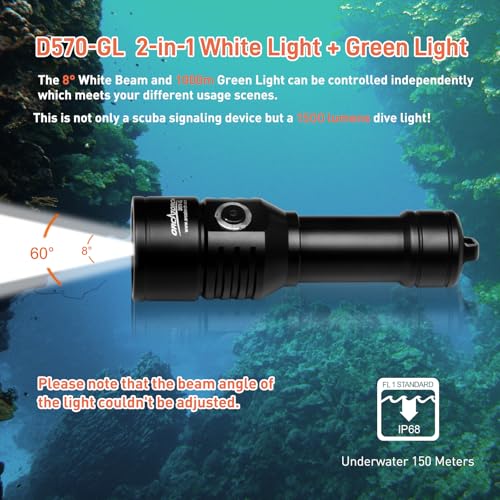 2-in-1 Dive Light with 1500 Lumens and 1000m Green Signal Beam for Underwater Communication