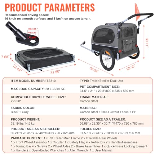 VEVOR 88lbs Dog Bike Trailer & Pet Stroller 22-Inch Wheel, 2-in-1 Bicycle Carrier