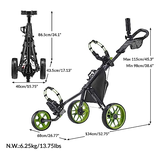 Lime Golf Push Cart - Lightweight Aluminum 3-Wheel Foldable Caddy with Accessories