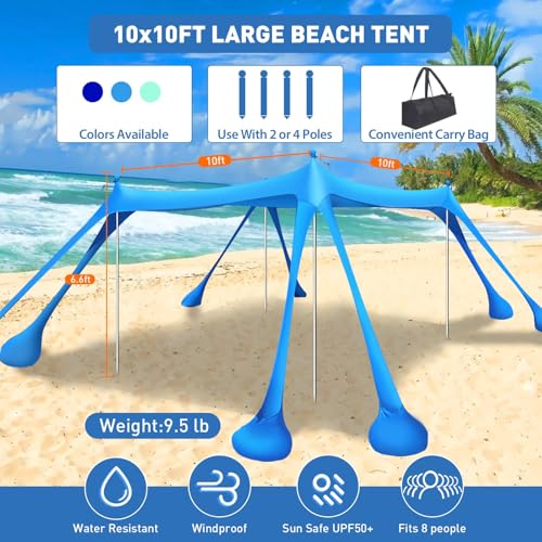 Portable 10x10ft Beach Tent Sun Shelter with Sandbags & Poles - Royal Blue