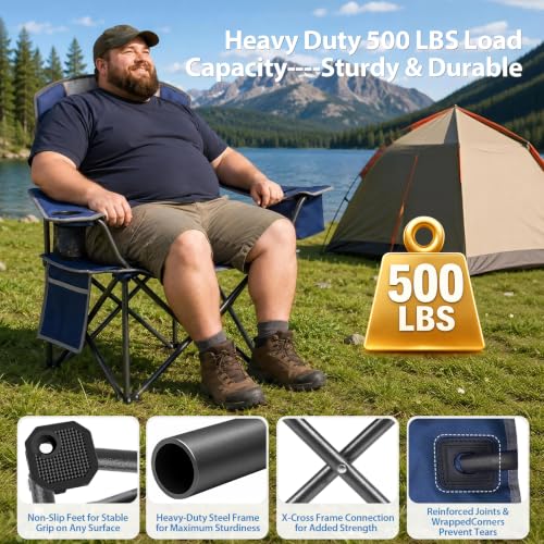 ZENPETIO Oversized Camping Chair 500LBS Support Blue Gray 2-Pack Portable Folding Lawn Chairs
