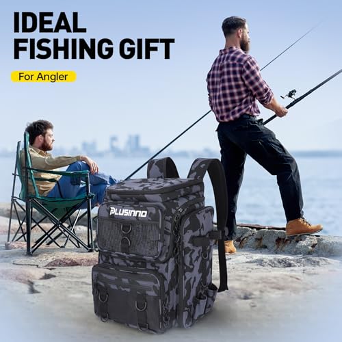 PLUSINNO Waterproof Fishing Backpack with Rod Holders - 42L Tackle Storage, Camouflage Black
