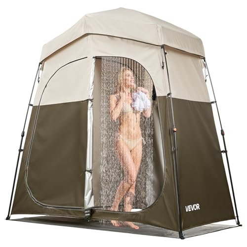 Camping Shower Tent 2-Room Foldable Privacy Enclosure with Stakes & Bag - Khaki 84x42x84 in