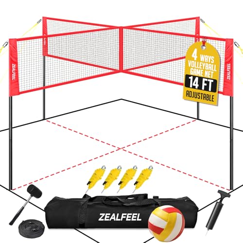 ZEALFEEL 4-Way Volleyball and Badminton Set with Adjustable Net, 14FT Outdoor Game
