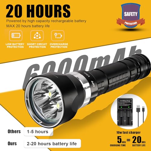 6000 Lumens Underwater Dive Light - Rechargeable Waterproof Scuba Torch with Wrist Mount