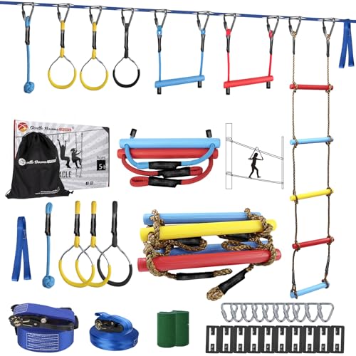 Blue Line Ninja Warrior Obstacle Course Kit for Kids - 8 Obstacles, 2x56ft Slackline Set with Quick-Install Buckles