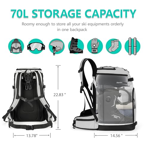 SEMSTY White 70L Waterproof Ski Boot Bag with Multiple Compartments
