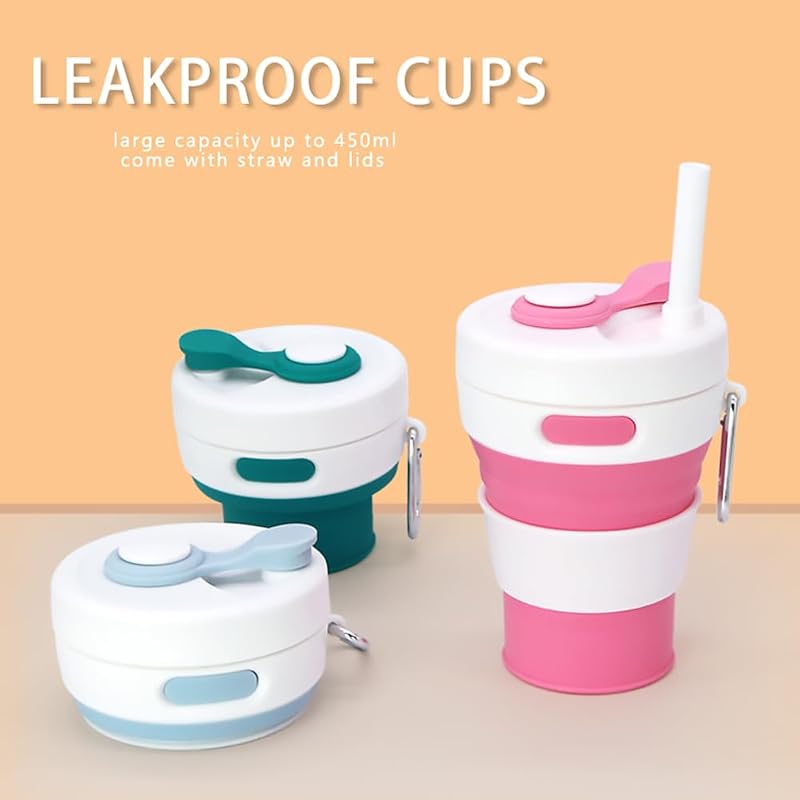 Collapsible 16oz/450ml Silicone Coffee Cup with Straw - Gray, Portable Travel Camp Cup