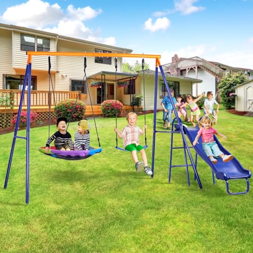 Blue Backyard Swing Set with Kids Slide and Saucer Swing - Heavy-Duty Metal Frame