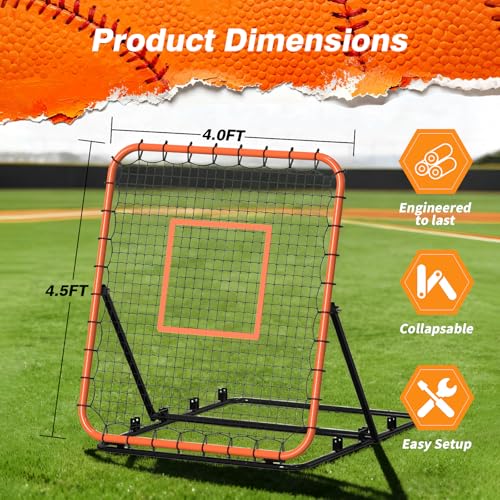 Portable Baseball & Softball Rebounder Net 4x4.5 ft with 4 Adjustable Angles - Orange