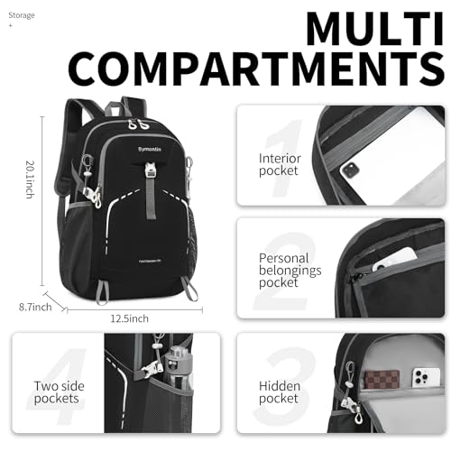 Lightweight Foldable 35L Daypack Backpack - Black, Packable & Water-Resistant