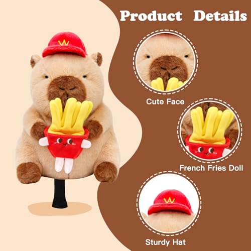 Capybara with Hat and French Fries Doll Golf Club Head Cover, Small Size Fits Hybird and Irons, Large Size Fits Standard 460cc Driver Head, Golf Driver Headcover Funny Plush Animals