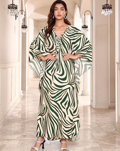 Rossopesca Kaftan Dress for Women V-Neck Plus Size Batwing Sleeves Beach Cover Up - Green Zebra, One Size