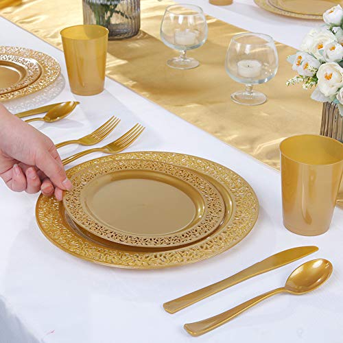 102 pcs Brown Gold Plastic Plates Set - Lace Design Disposable Dinner & Salad Plates - Solid Gold Variation