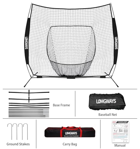 8ft Baseball & Softball Practice Net with Steel Frame - Portable Batting Hitting Pitching Net, Black