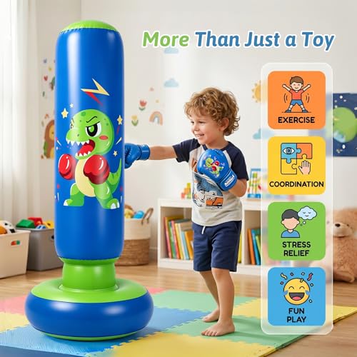 66 Inch Inflatable Dinosaur Punching Bag for Kids Ages 3-8 Indoor Outdoor Play