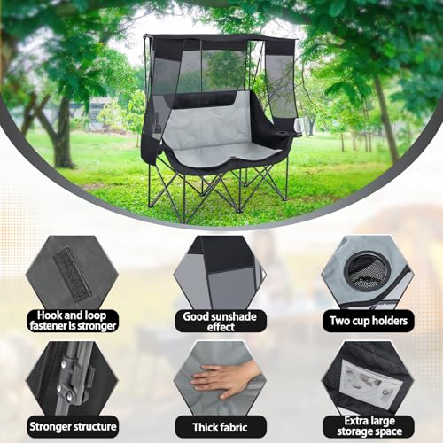 Teenyyou Double Camping Chair with Canopy Black and Grey - Heavy Duty 660lbs