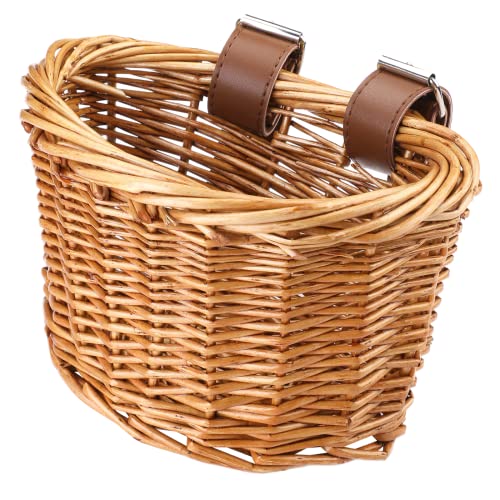 Kids Bike Basket with Adjustable PU Belts - Handmade Woven Rattan, Brown