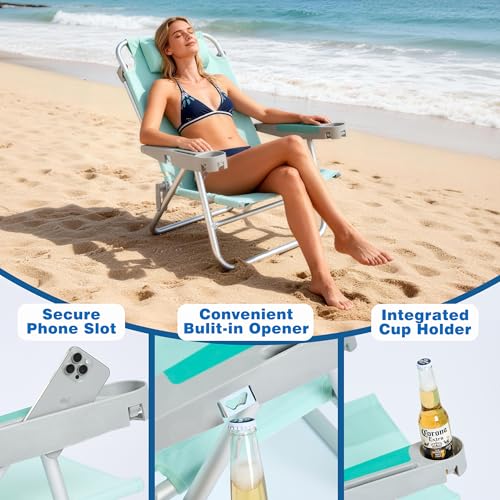 Teal Extra Wide Low Beach Chair 2 Pack - 5-Position Folding Camping Chairs with Cup Holders for Outdoor Sand