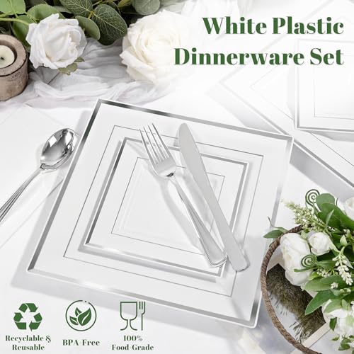 Festiva 50 Guests Silver Square Plastic Party Plates Set with Cups, Cutlery & Napkins – 9.5