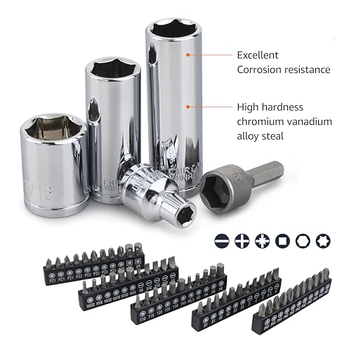 Mechanic's 201-Piece Socket Tool Set with Case - SAE & Metric, Chrome-Vanadium Steel, Black and Silver