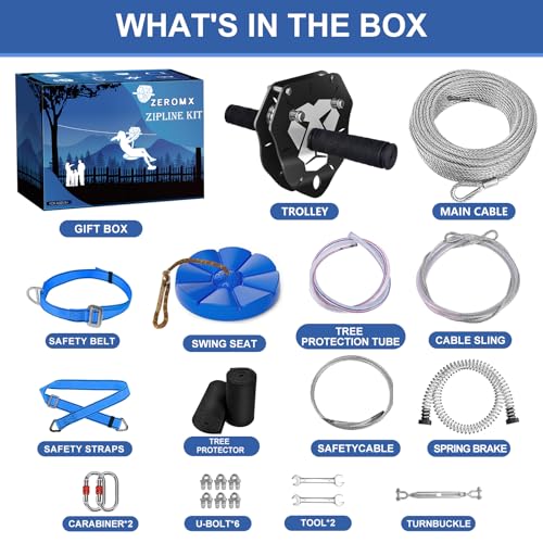 100ft Zip Line Kit for Kids & Adults - Backyard Outdoor Adventure with Removable Lion Trolley