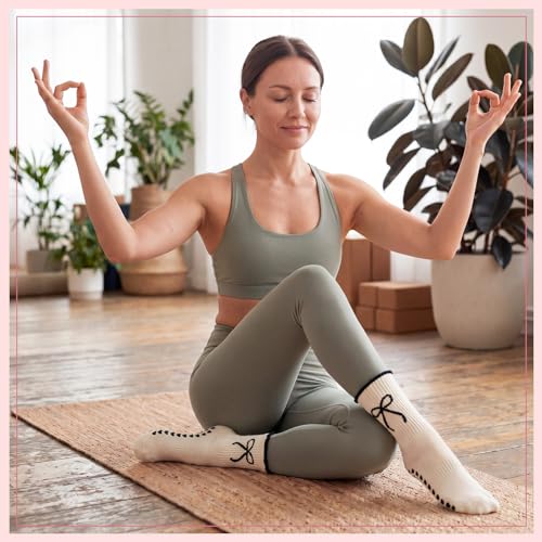 Cuffbow 2 Pilates Socks - Black and White Bow Variation, Non-Slip Grip, Crew Size