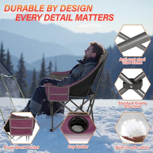 CAMPHILL Purple Heated Camping Chair with Padded Seat & Cup Holder - Oversized Folding Lawn Chair, Heavy Duty, Portable for Outdoor Use