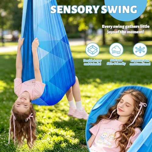 COZEER Blue Color-Block Sensory Swing with Stand for Kids & Adults, 330 lbs
